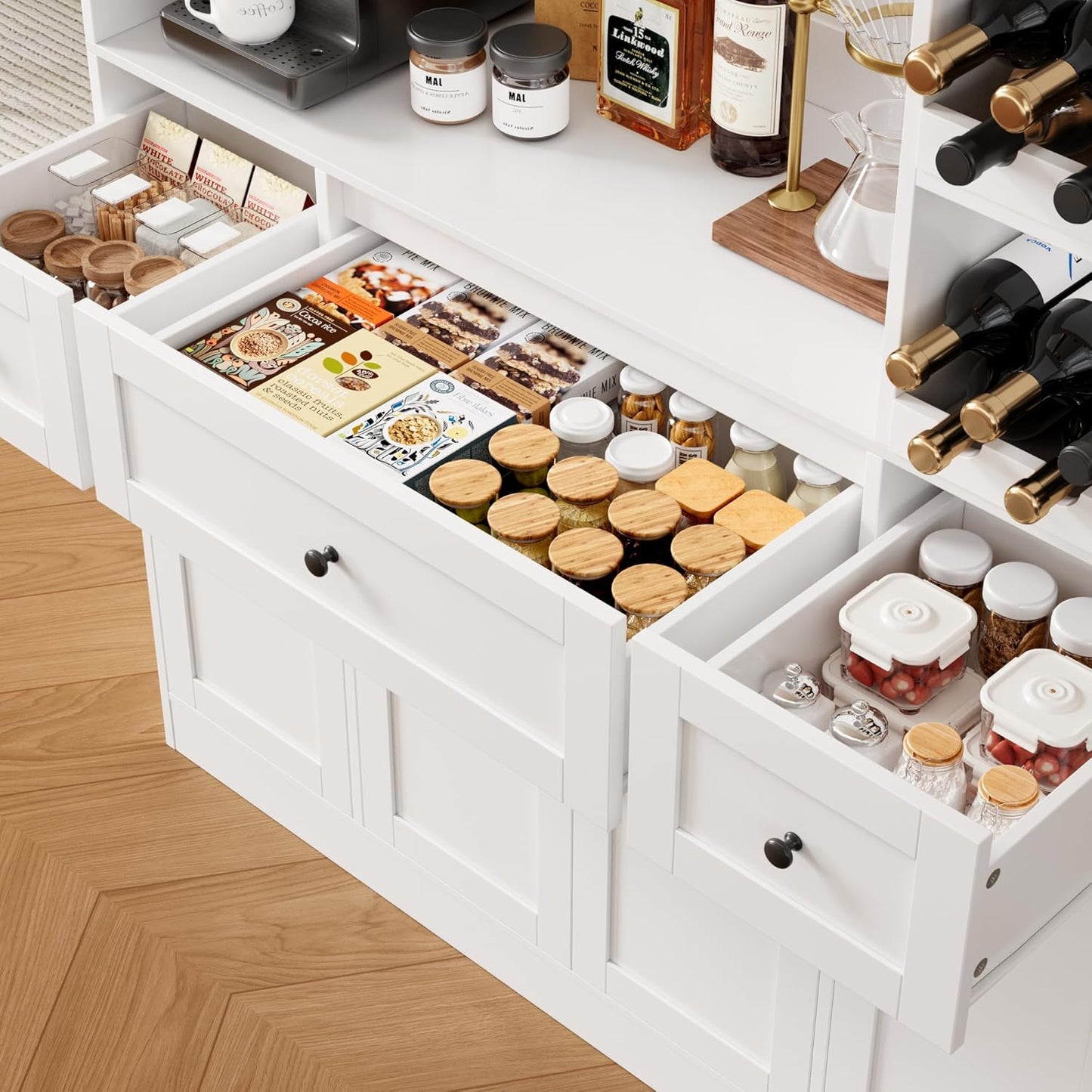 72" Tall Kitchen Pantry with Wine Rack, Pantry Cabinet with Microwave Stand, Large Hutch with Ample Storage, Hutch Cabinet for Kitchen, Dining, Living Room, White
